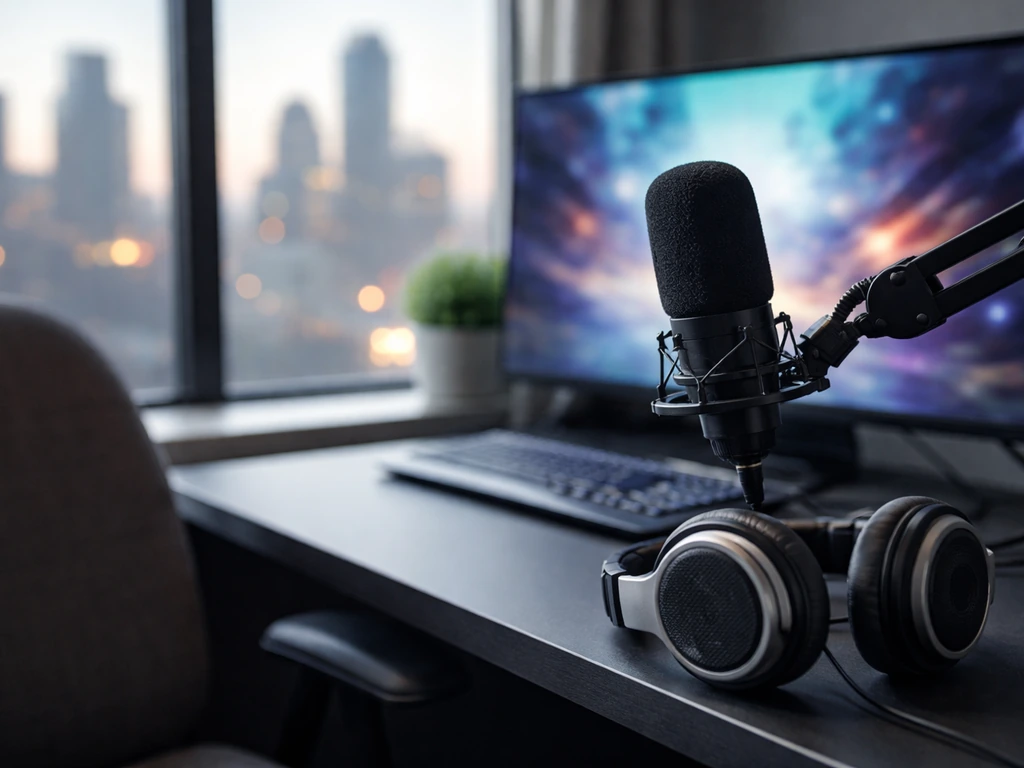 Minimal esports studio desk with microphone and headphones, blurred screen and city view, no people
