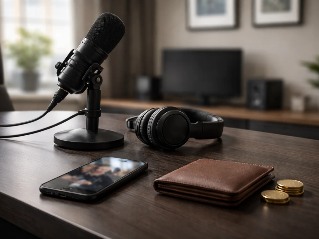 Unbranded studio desk with microphone and headphones beside coins, symbolizing an esports net-worth estimate.