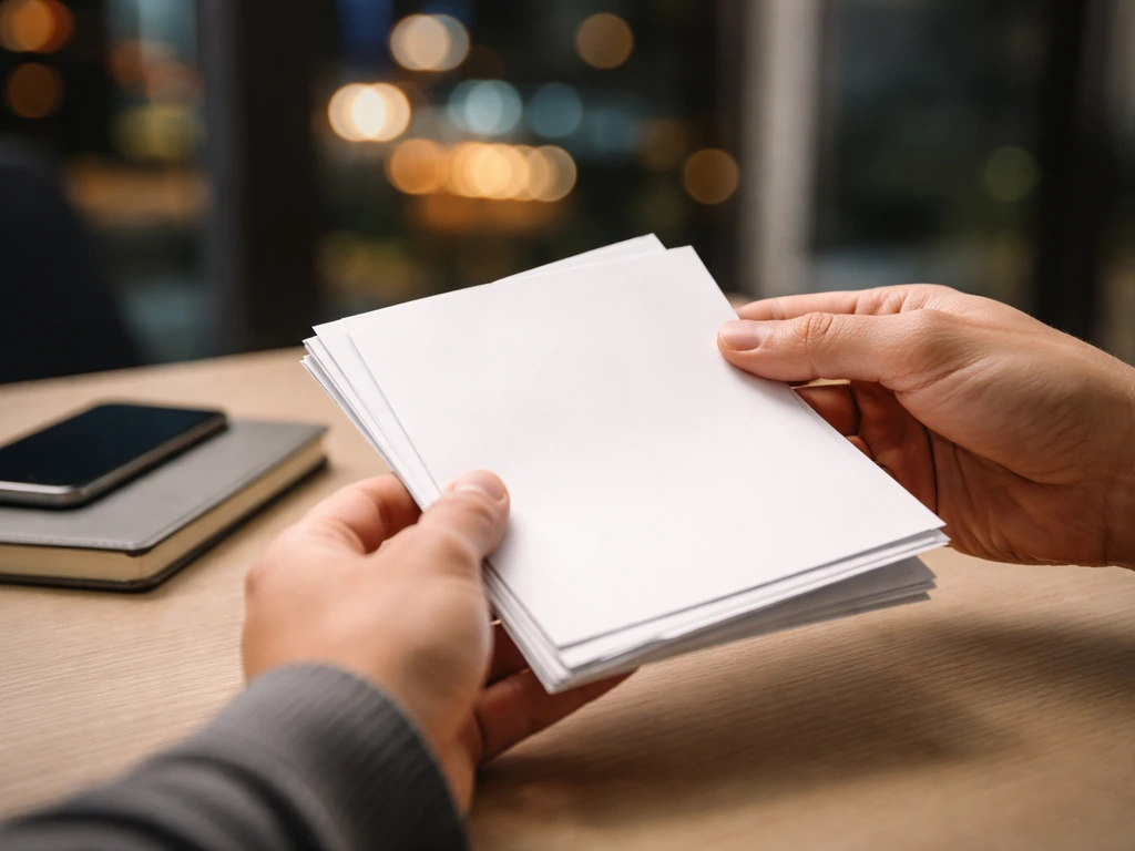 Hands holding a small bundle of startup papers beside a sleek device with blurred city lights, equity metaphor