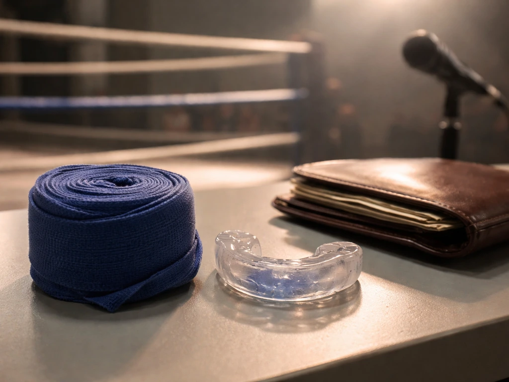 Boxing hand wraps and mouthguard on a desk beside a wallet, hinting at earnings analysis.