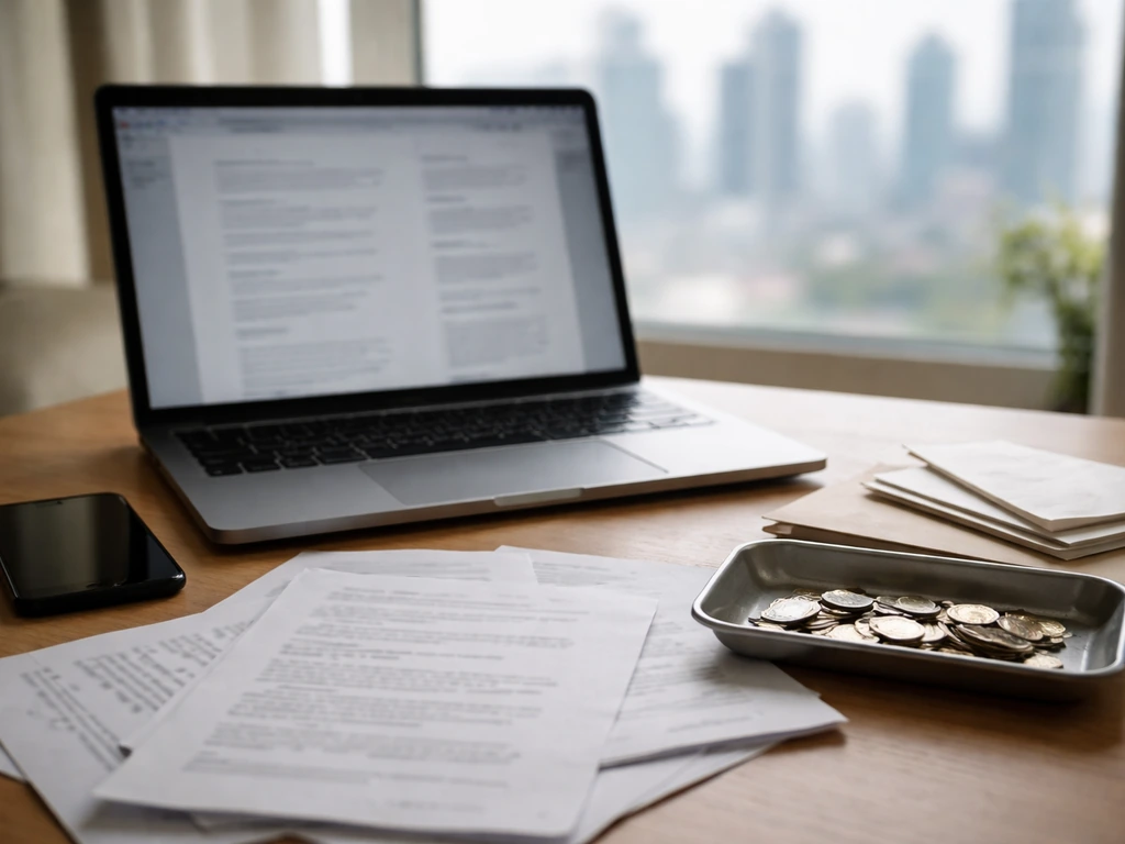 Minimal desk scene with laptop, phone, envelopes, and coins symbolizing varying net worth figures.
