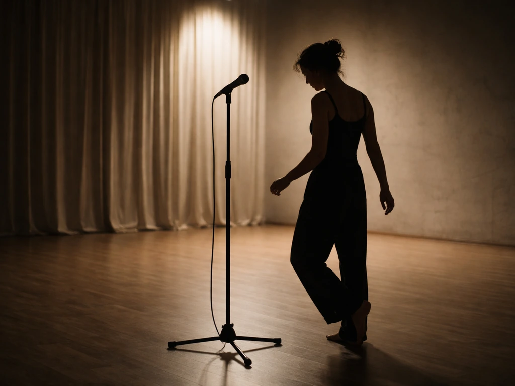 Anonymous film studio scene with a lone dancer’s silhouette near a microphone stand and soft stage lights.