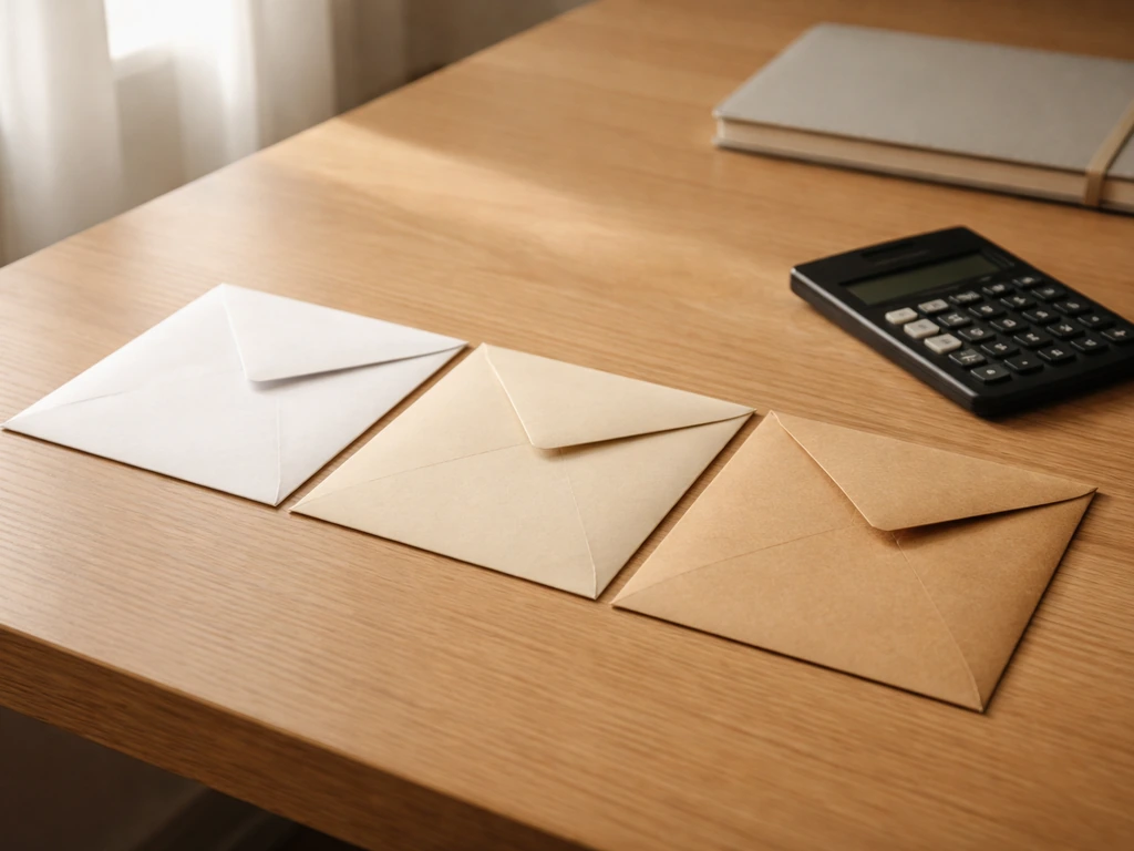 Minimal photo of three envelopes on a desk with a calculator, suggesting competing net-worth estimates.