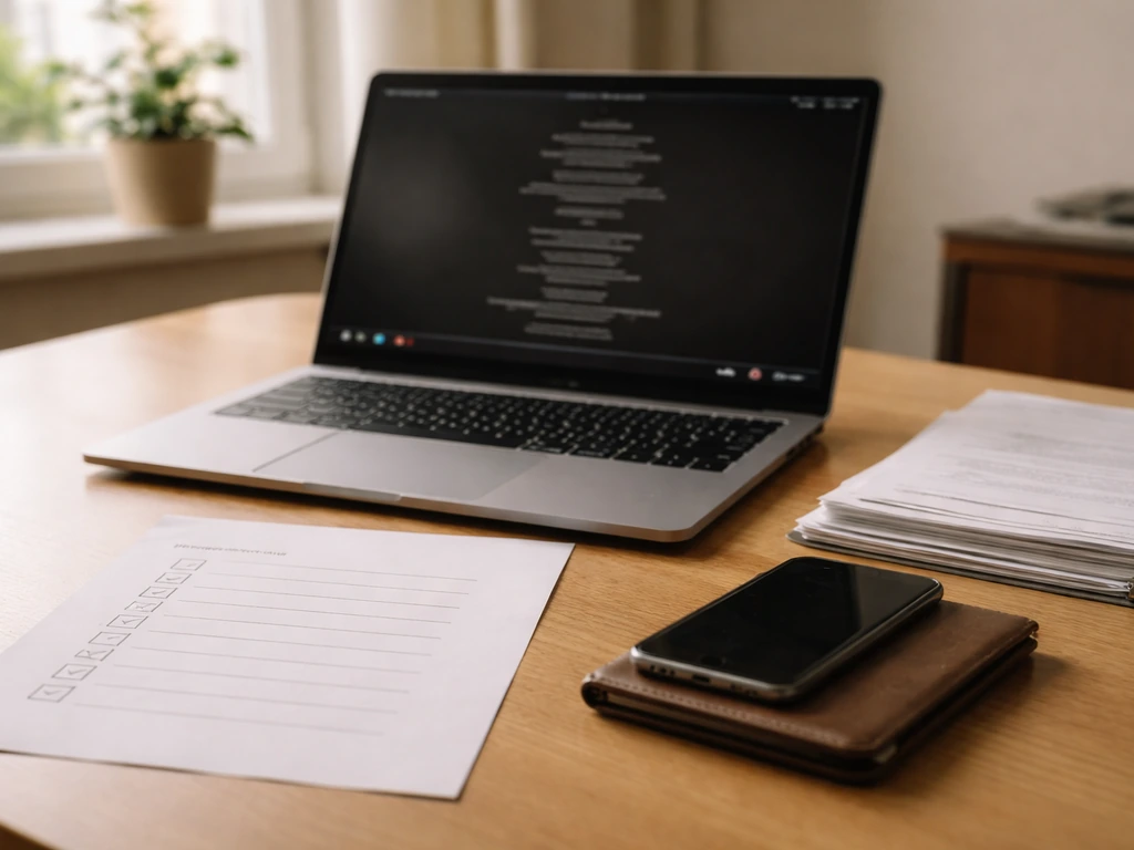 Minimal desk scene with laptop, blank checklist, and documents symbolizing independent fact-checking.