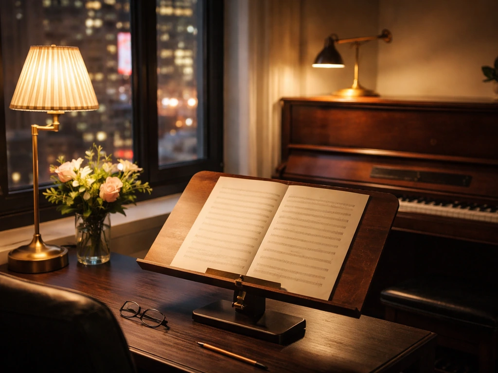 Minimal studio scene with a vintage piano and a music stand, suggesting Broadway-composer energy