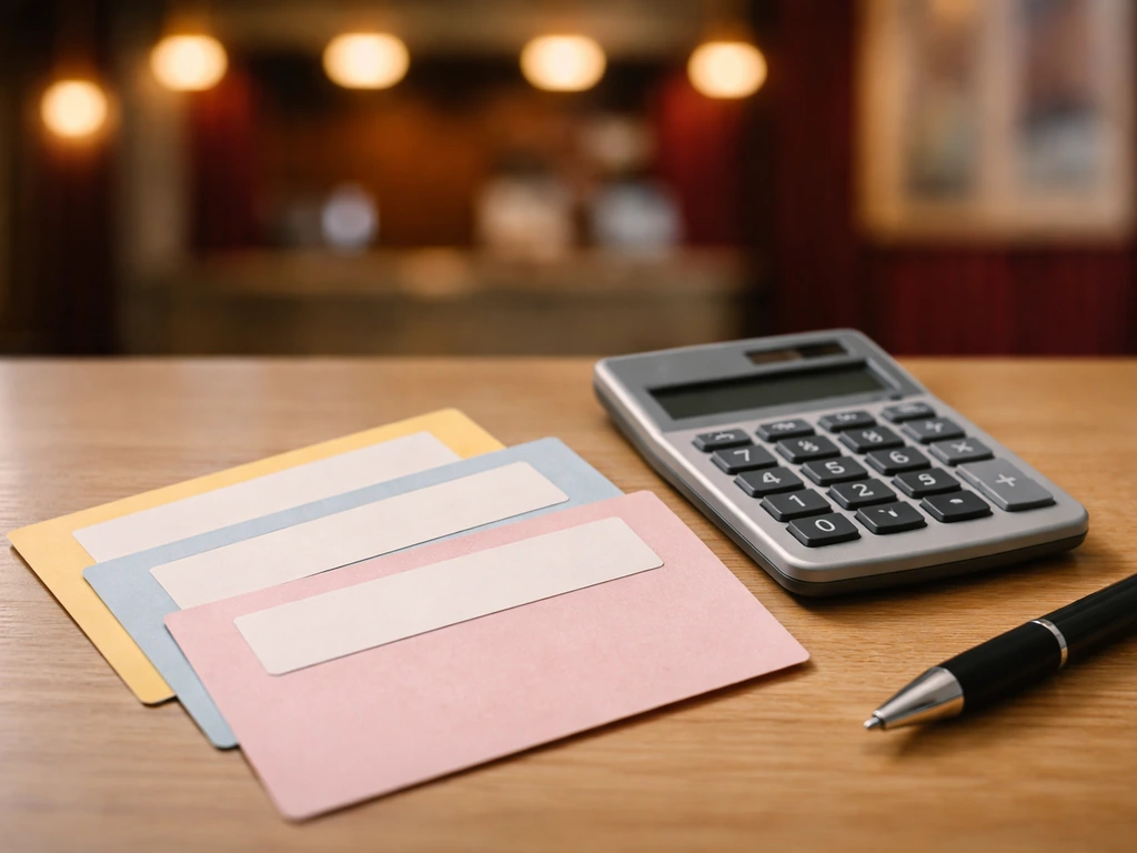 Minimal desk with calculator and blank-category cards suggesting multiple music income streams.