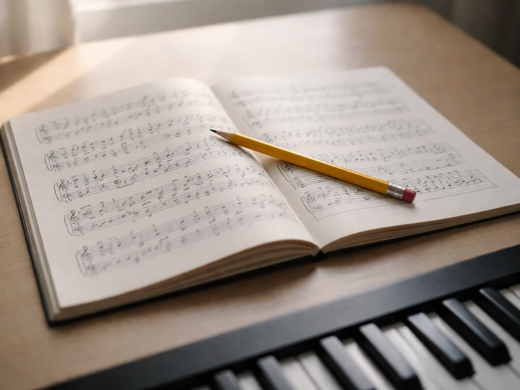 Close-up of sheet music, pencil, and piano keys showing active musical arrangement work.
