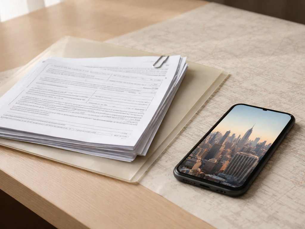 Property record papers and a phone with an NYC skyline background on a desk.