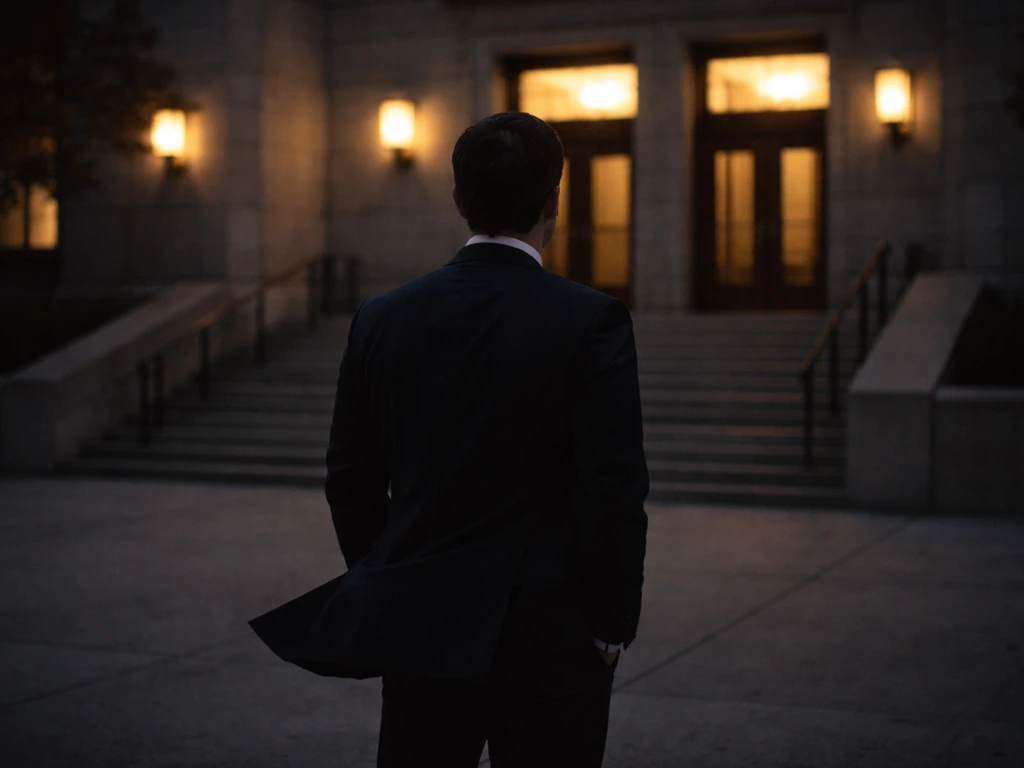 Anonymous dark-suit man standing outside a courthouse at dusk, symbolizing legal confusion over an AFO figure