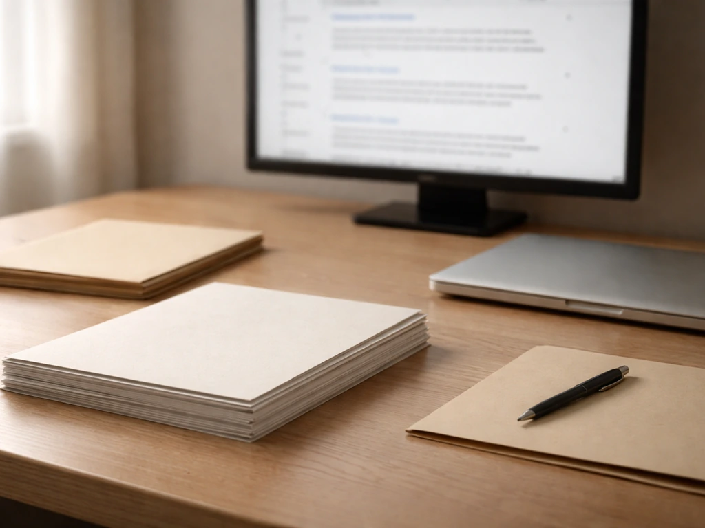 Generic public-record documents beside a laptop and monitor showing search results layout, no people.