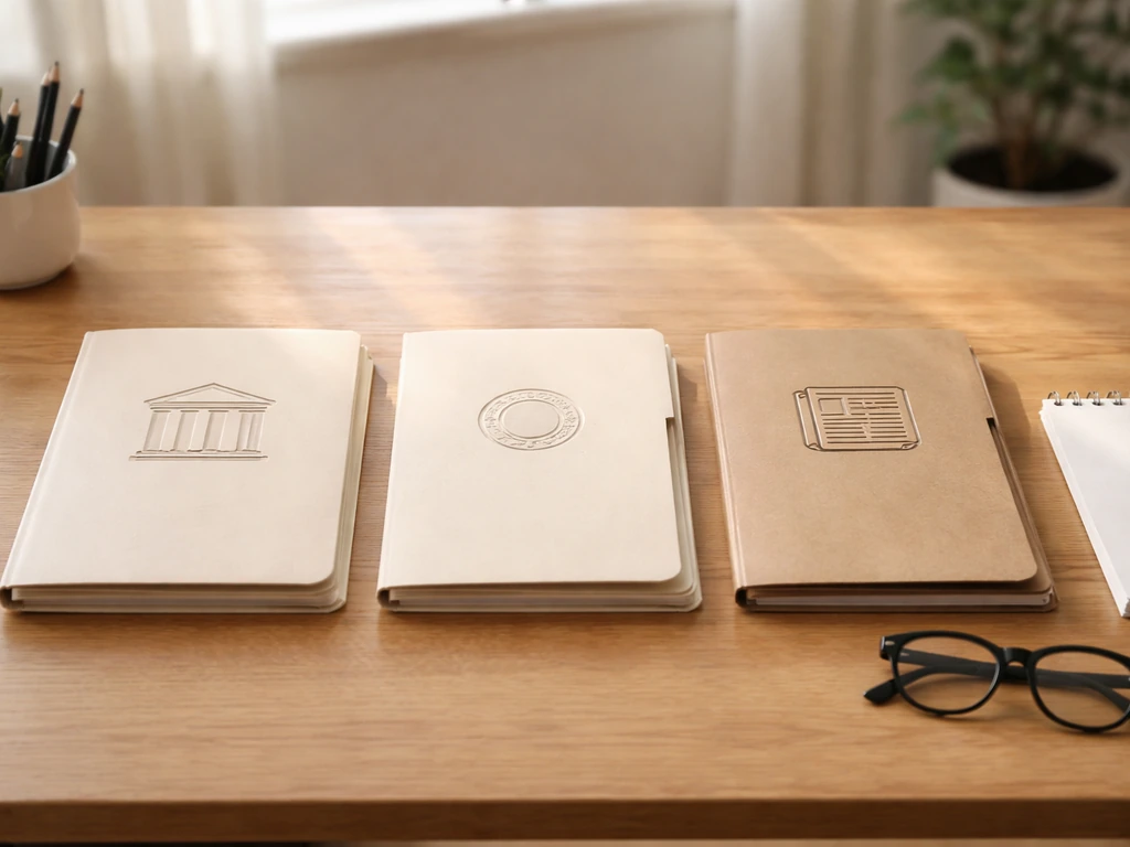 Minimal photo of a desk with three neatly arranged document folders labeled Tier-style icons for checking reliability