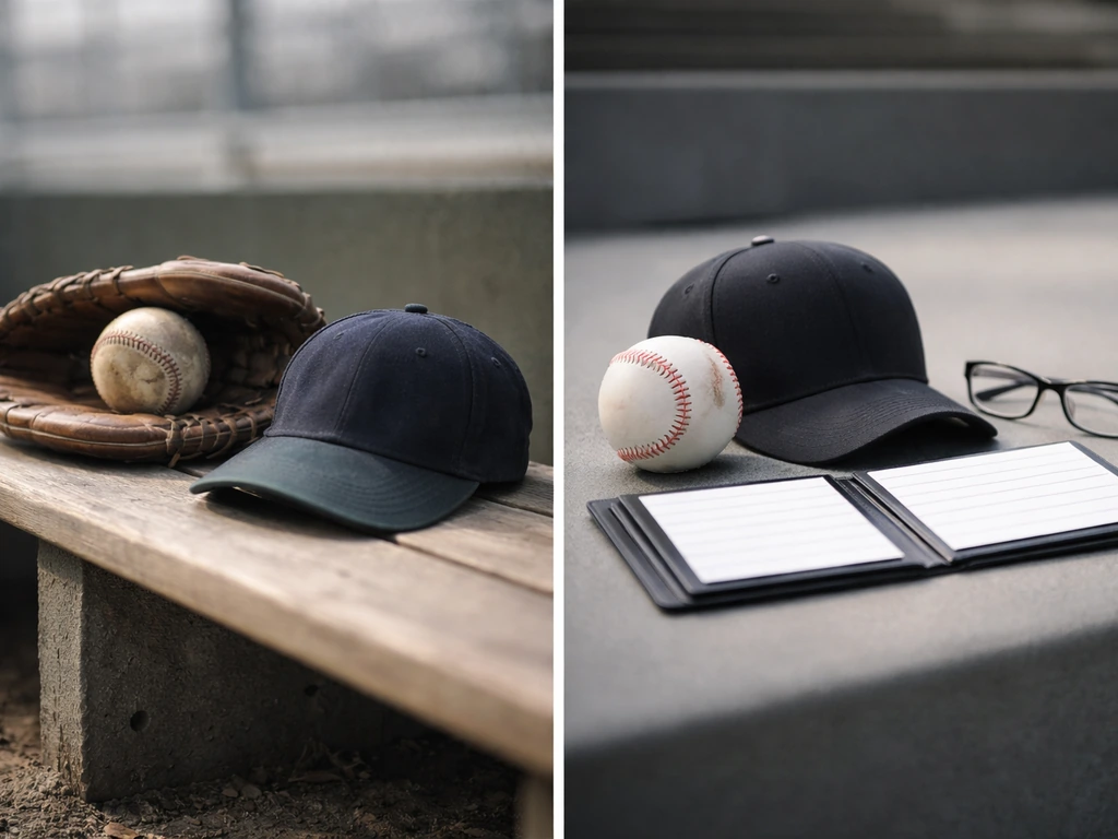 Split scene of baseball gear from two eras: vintage glove/ball on one side, modern cap/glasses on the other