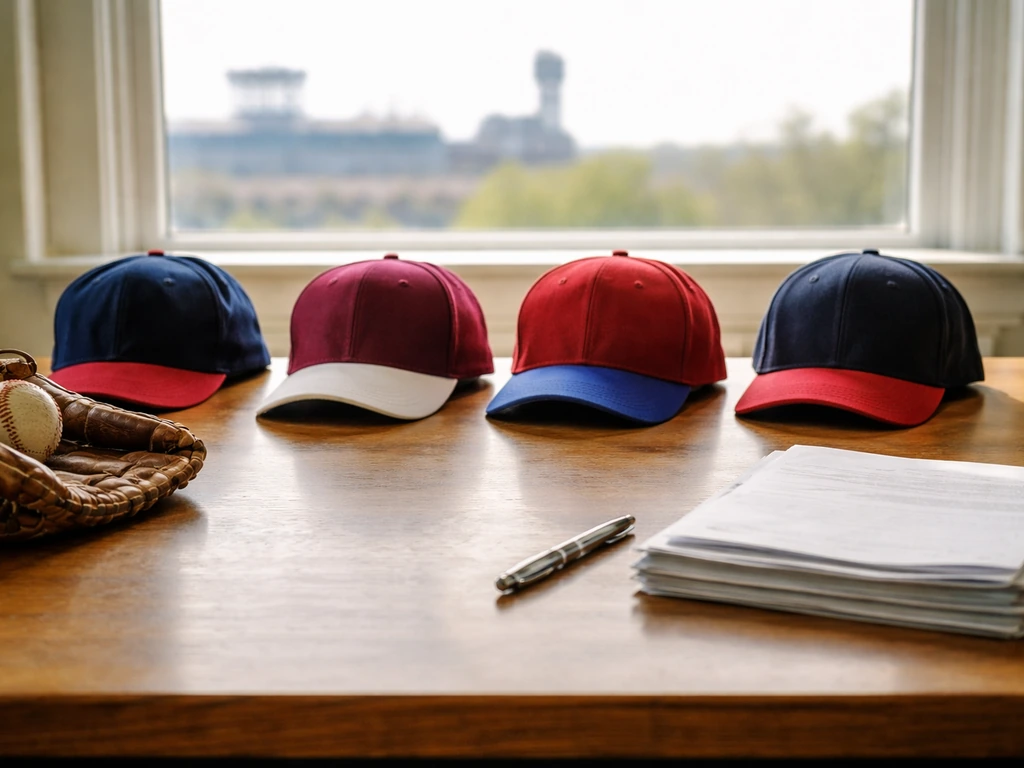 Wood desk with baseball caps, glove, and business documents arranged like milestone points.