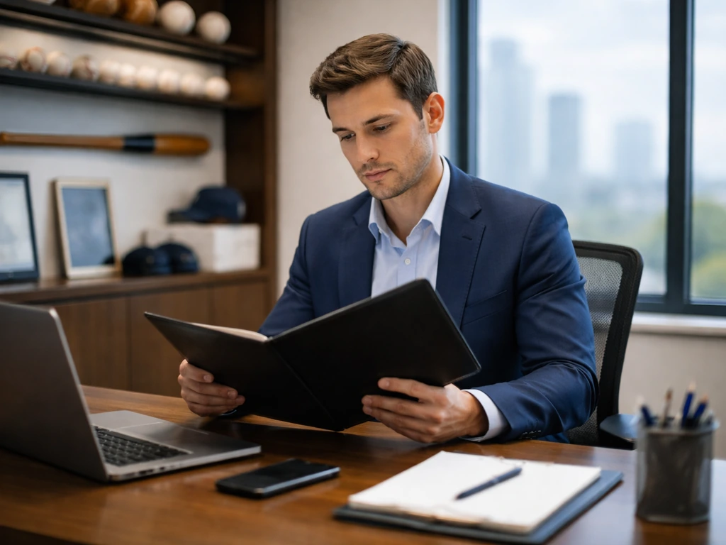 Baseball front office setting with a single suit-clad executive at a desk, team facility vibe