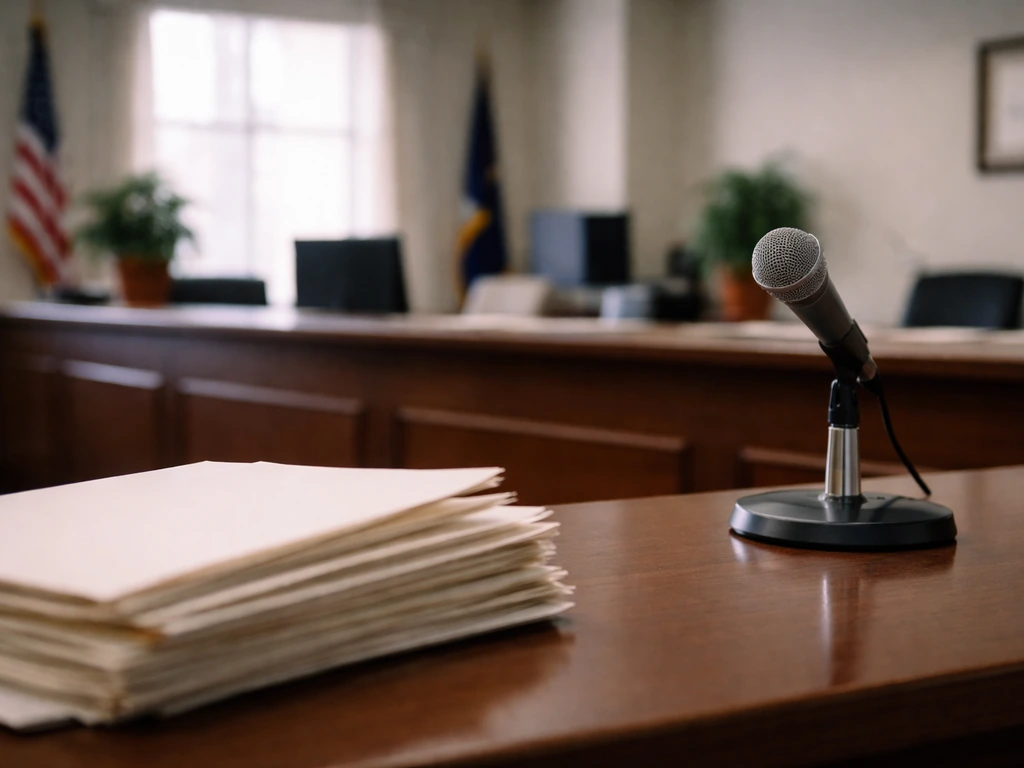 Quiet government office desk with folders and a microphone, no people, symbolic of confirming the right official record.