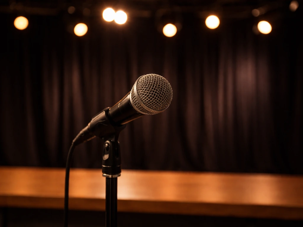 An empty TV studio with a microphone and warm stage lights, suggesting entertainment and hosting work