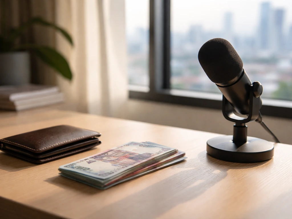 Minimal desk scene with wallet, peso banknotes, and a microphone beside a bright window skyline blur.