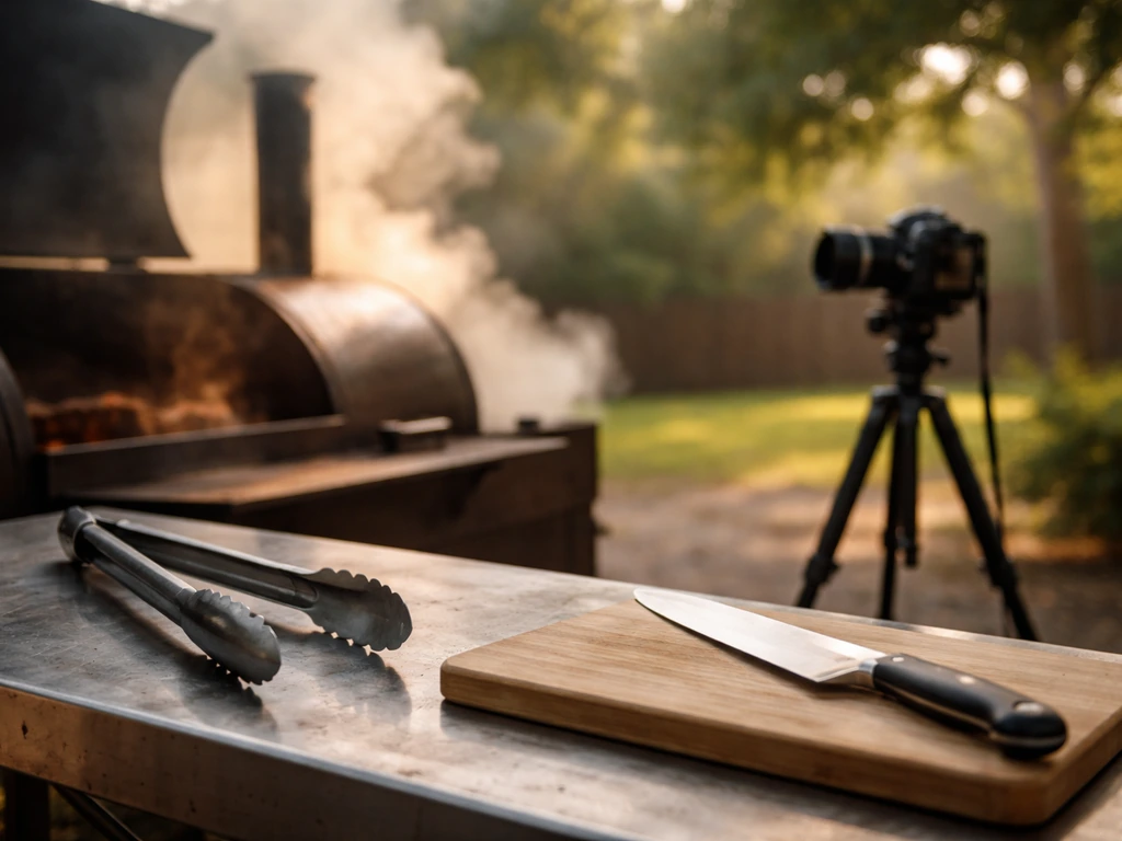 Rustic barbecue smoker with warm smoke, tools on a prep table, and a filming tripod in the background.