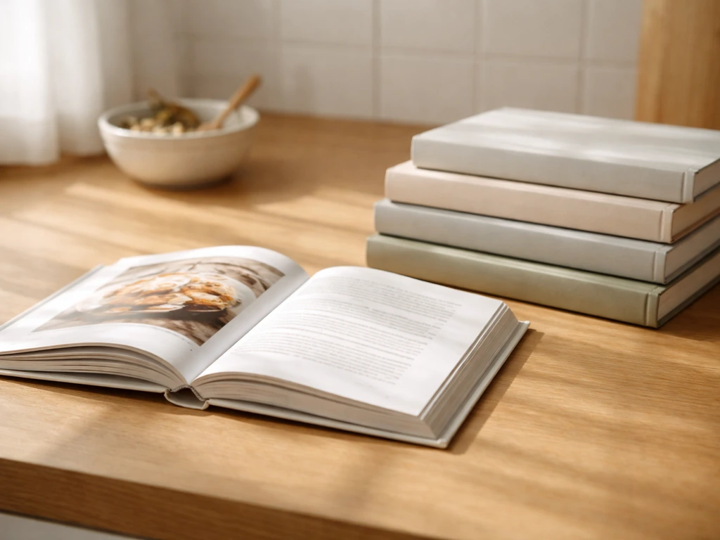 Open cookbook on a kitchen counter with stacked hardcovers nearby, soft sunlight, no text visible.