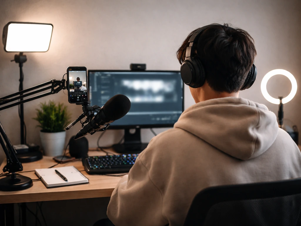 Anonymous creator recording in a home studio with a camera and lighting setup on a clean desk