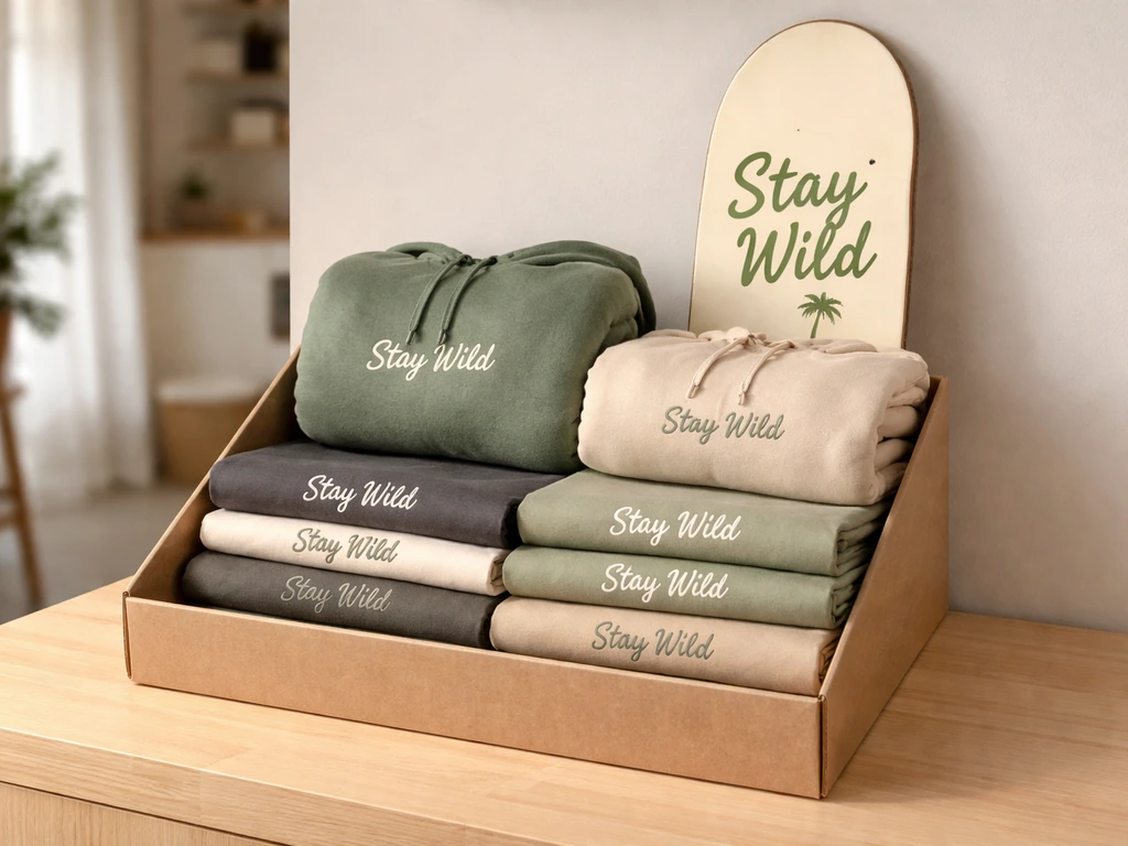Close-up of a Stay Wild merchandise display with neatly arranged clothing and a skateboard deck in soft light.