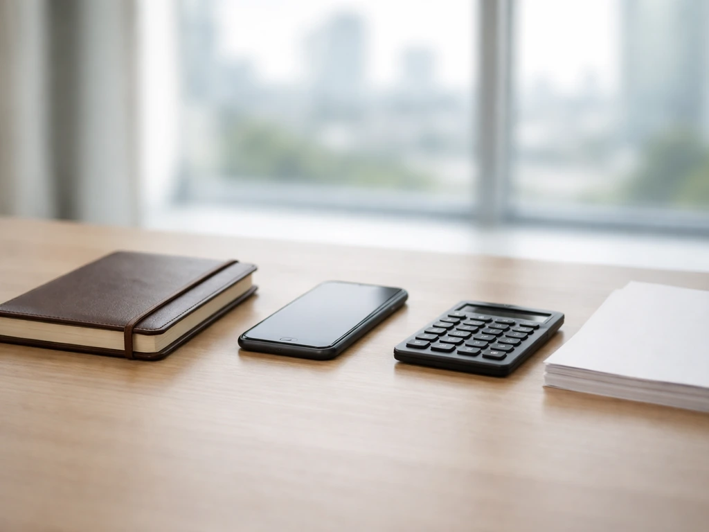 Minimal desk scene with a notebook and calculator suggesting estimating a net worth range