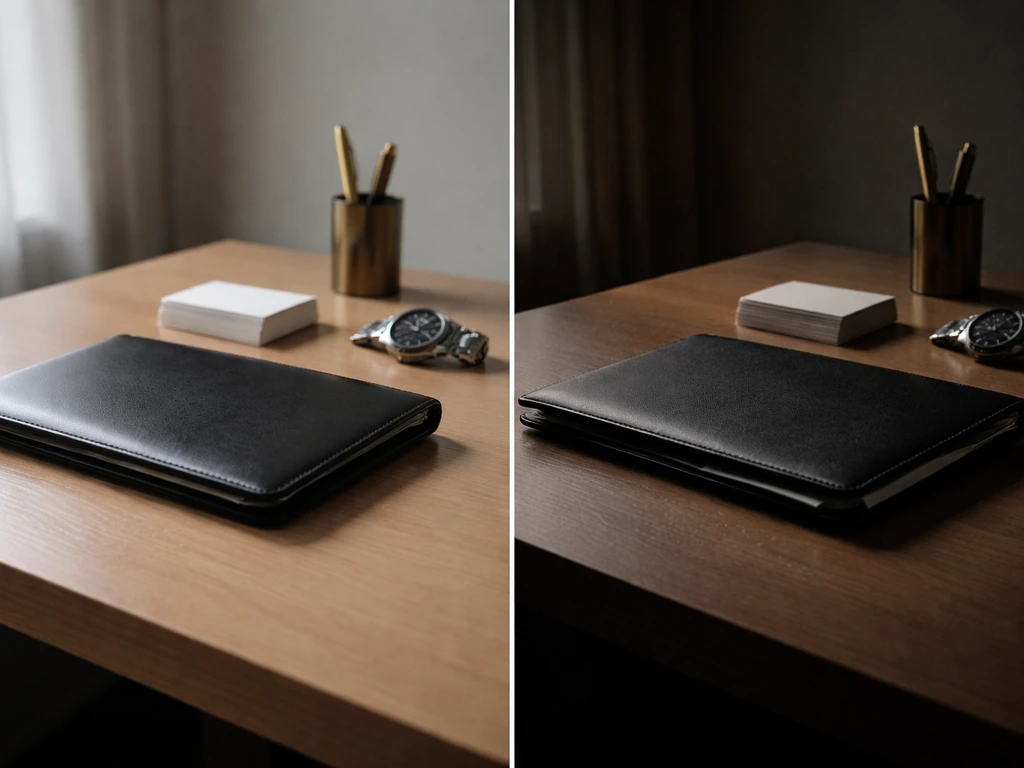 Minimal split-view desk scene symbolizing before vs. after, with changing lighting and mood.