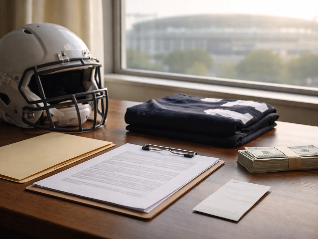 Anonymous football helmet and jersey on a desk with blank contract papers, bills, and a receipt.