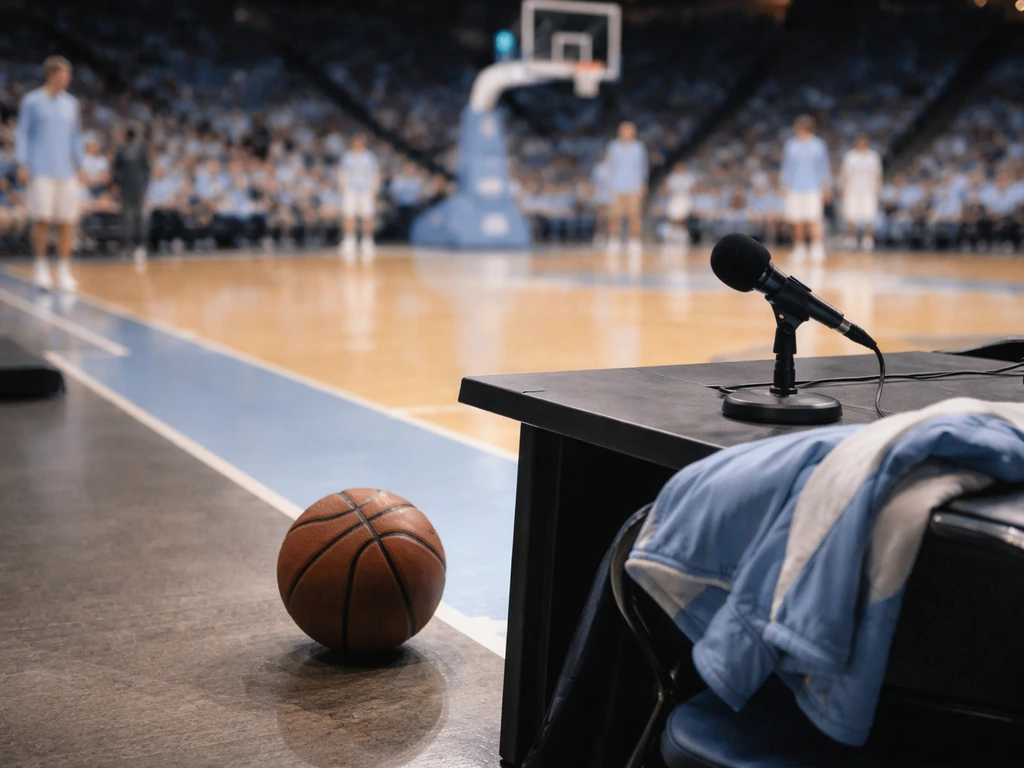 Basketball on the court beside a media table with Tar Heels colors in the softly blurred arena