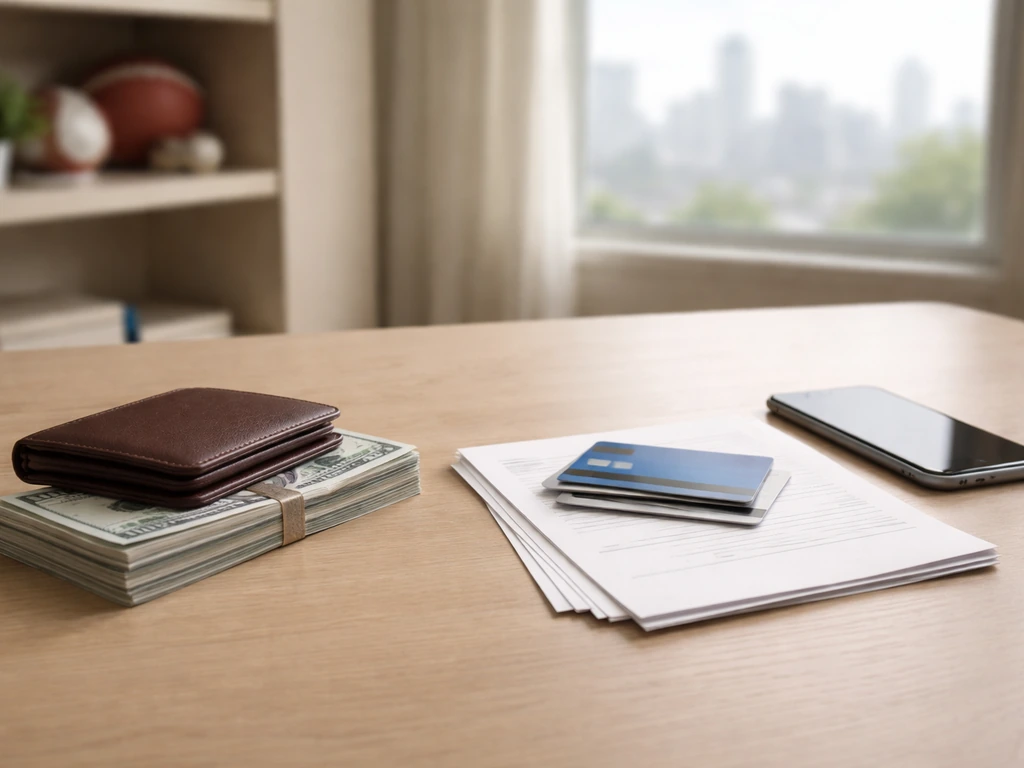 Desk scene with wallet, cash, and blank financial papers symbolizing assets minus liabilities