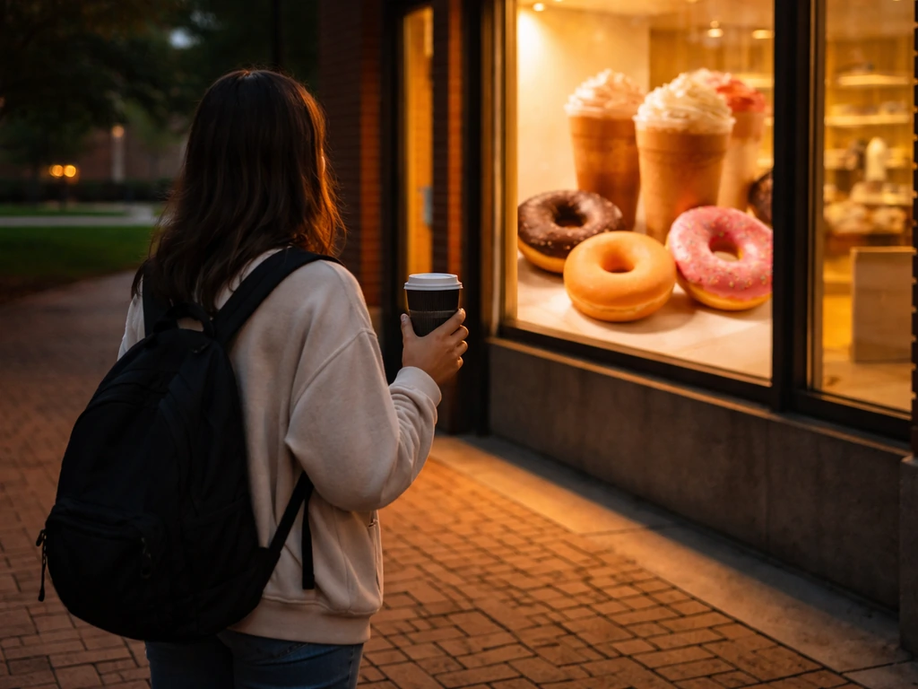 Empty college campus sidewalk beside a softly lit Dunkin-style storefront poster for NIL sponsorship context.