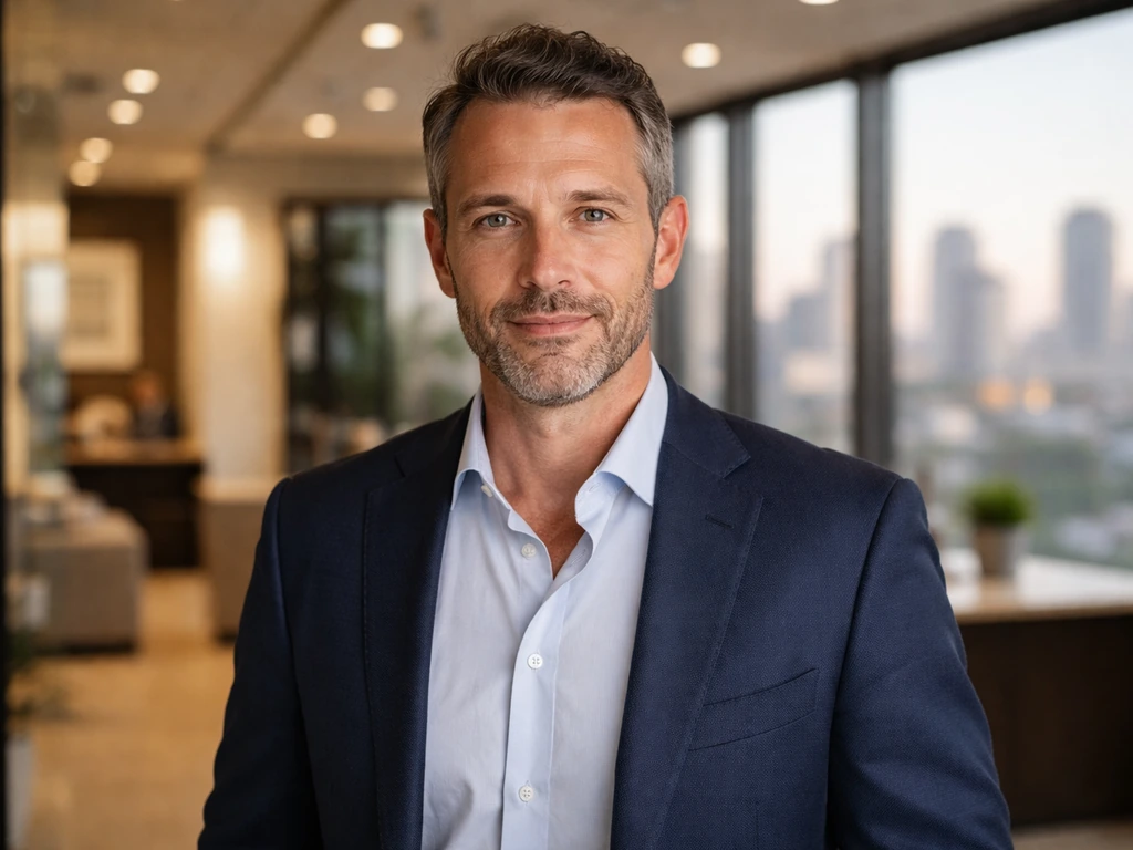 Man in a navy blazer in a modern real estate office with a blurred city skyline behind him.
