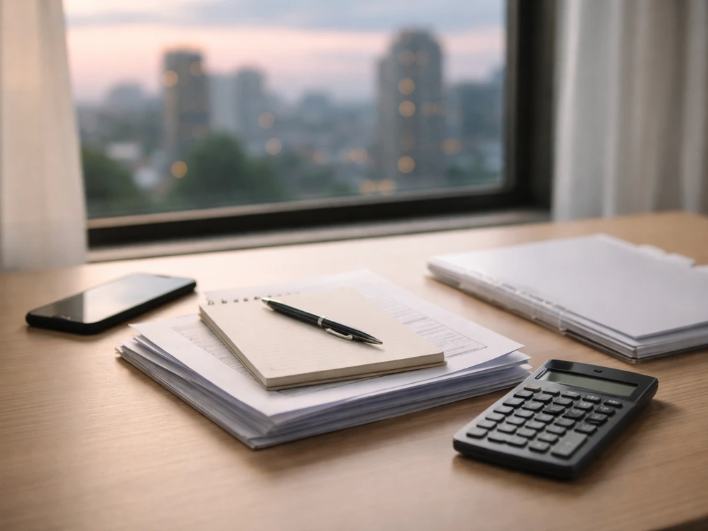 Minimal desk scene with calculator and printed papers suggesting private net-worth calculation.