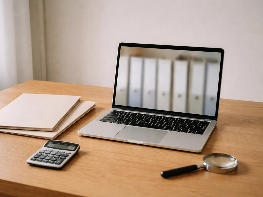 Minimal desk scene with anonymized documents and a laptop showing corporate filing-like folders, plus a calculator