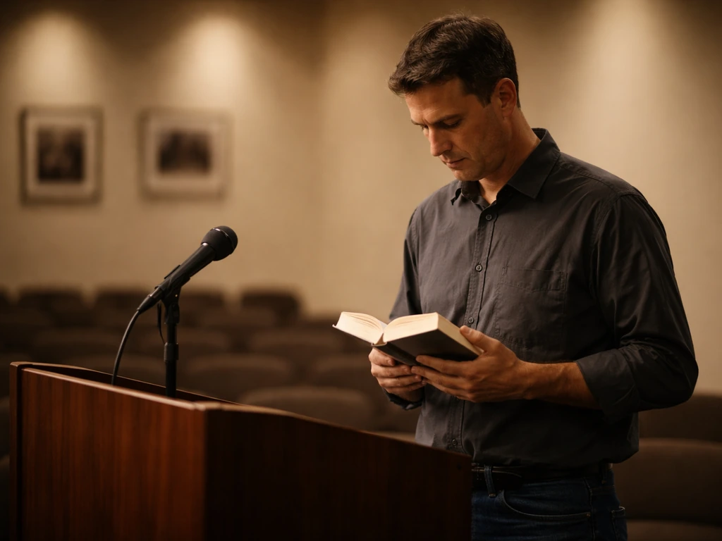 Anonymous man holding a book at a lectern in a quiet auditorium with warm, blurred lights.