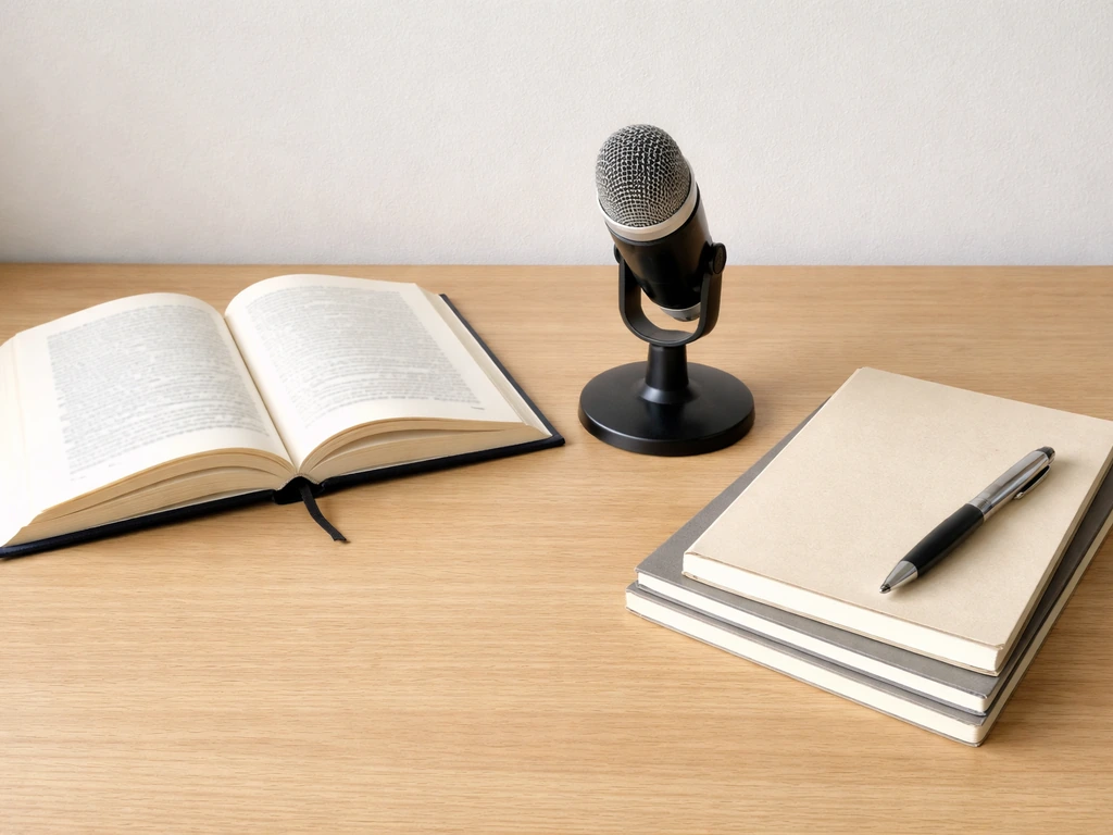 Minimal desk scene with book, microphone, and notebooks suggesting different income streams.