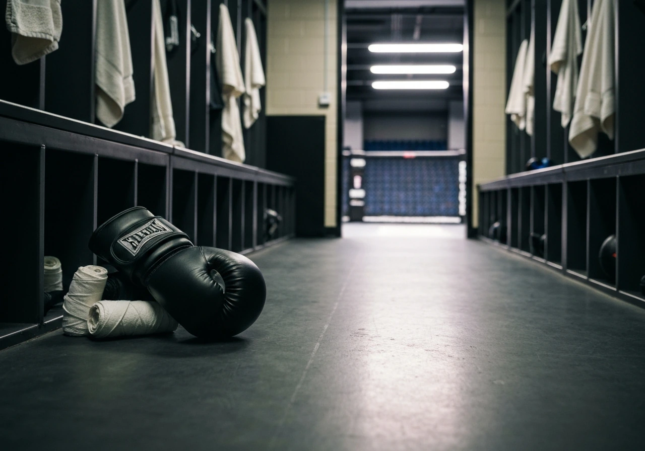 Empty MMA training gym corner with gloves and a locker room feel, suggesting a fighter’s earnings mystery