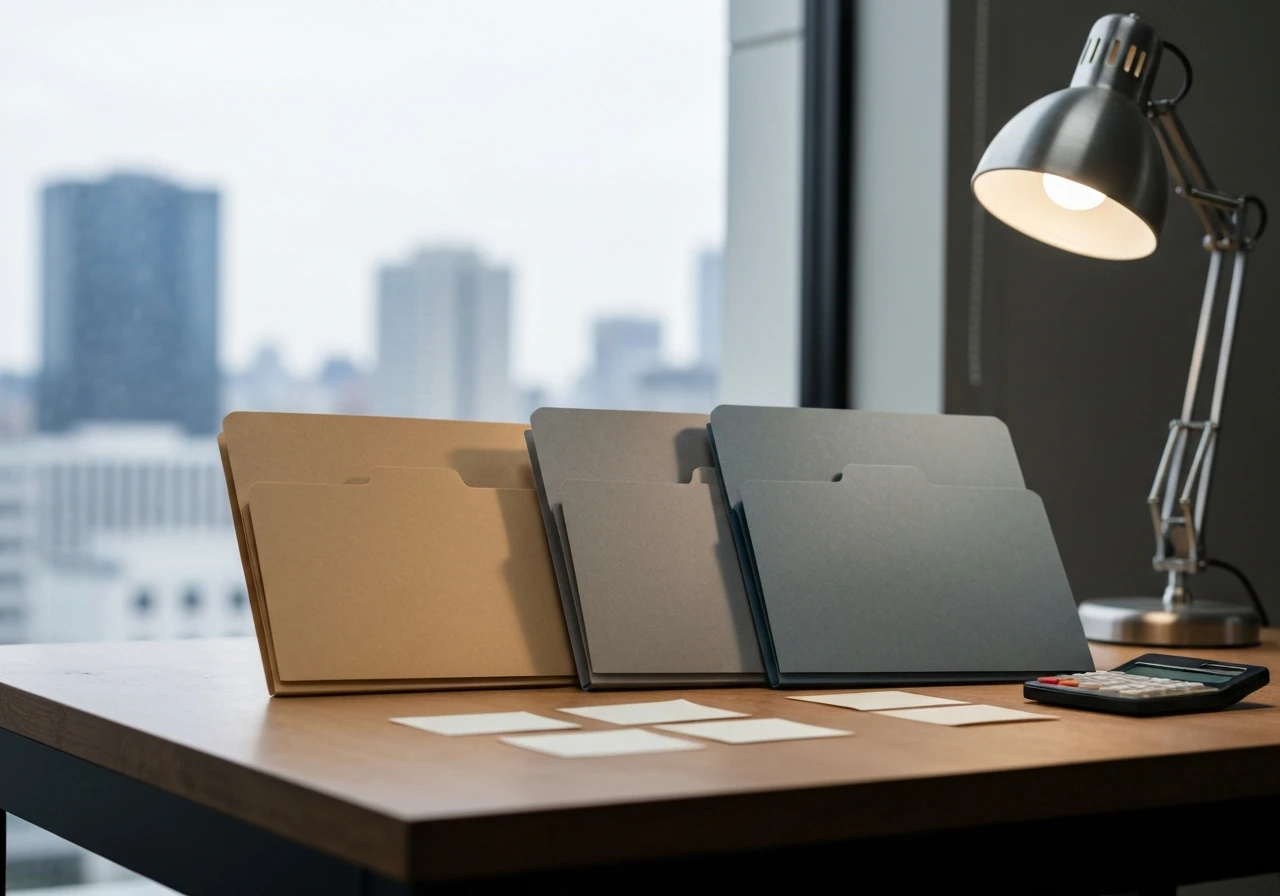 Minimal photo showing three separate money-management folders on a desk to symbolize differing net worth methods.