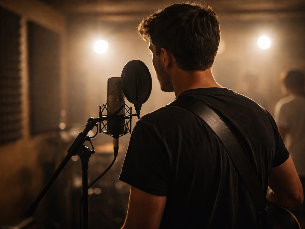 Anonymous singer in a music studio next to a microphone, with warm band lights suggesting major-label success