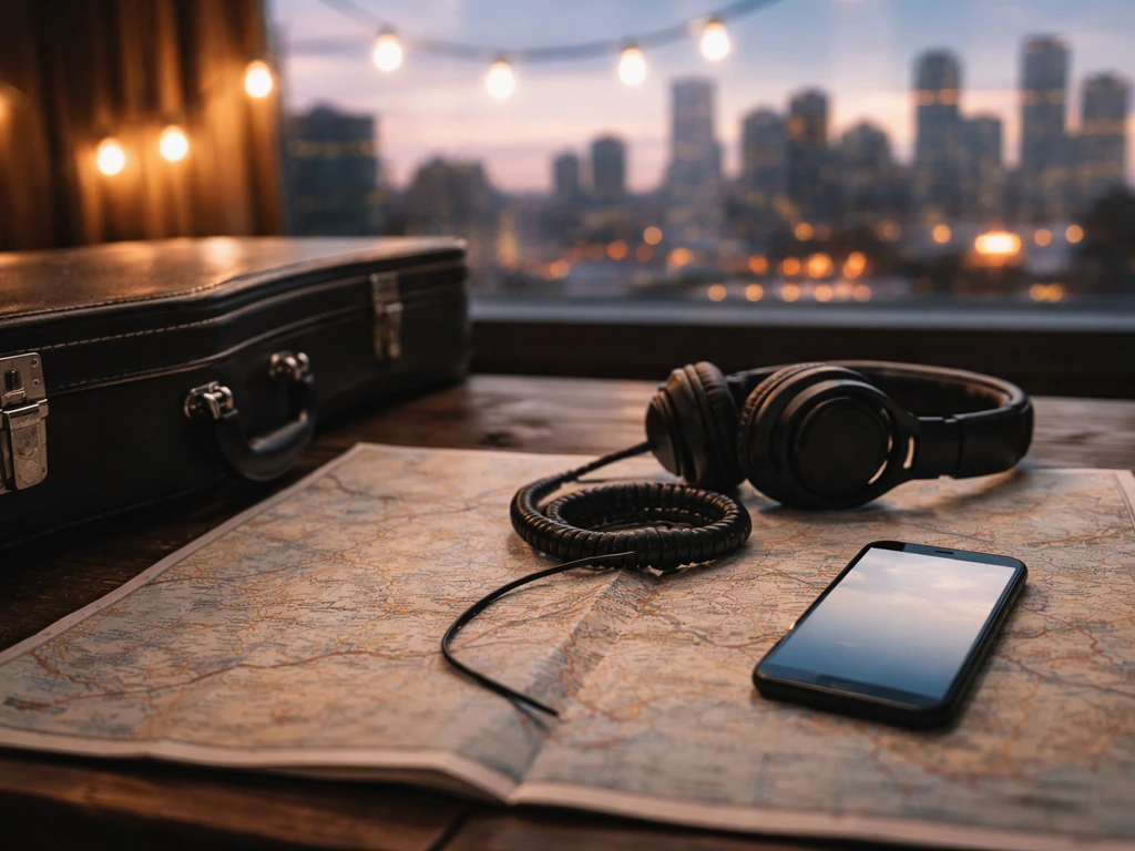 Open road map on a desk with guitar case and headphones, dusk skyline outside the window