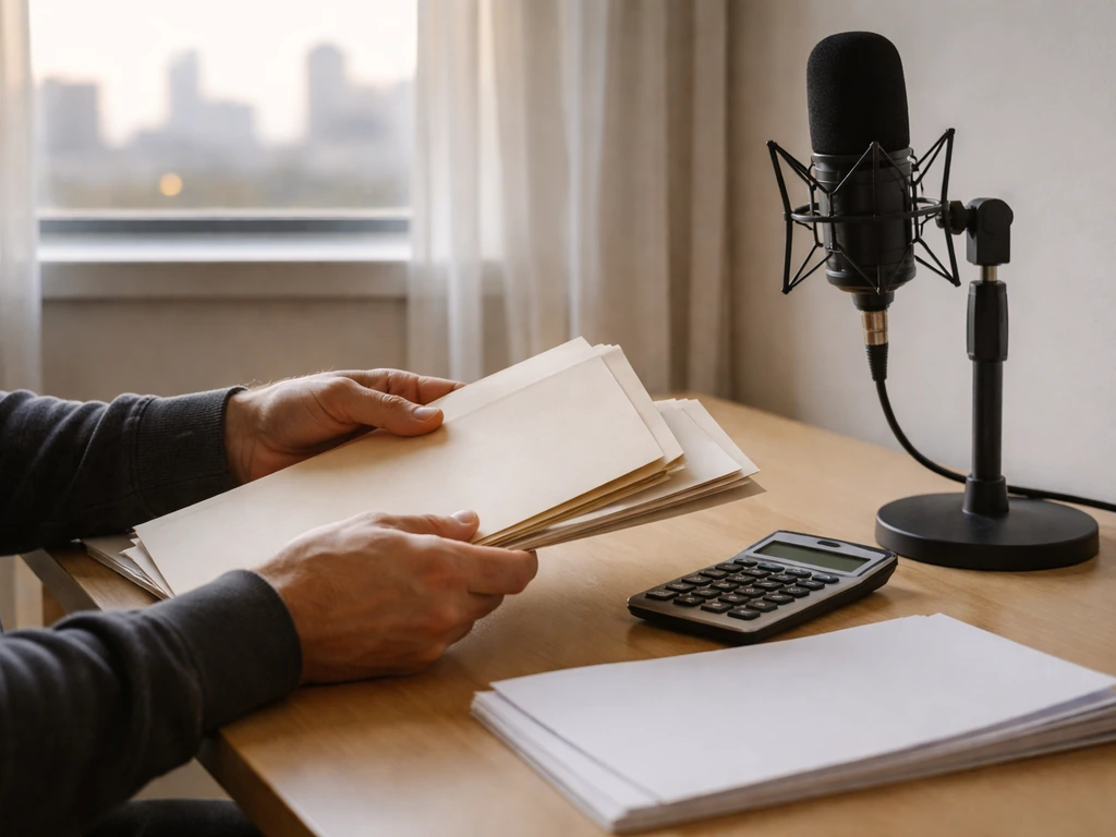 Lone music manager in a simple studio office reviewing financial-looking documents near a mic.