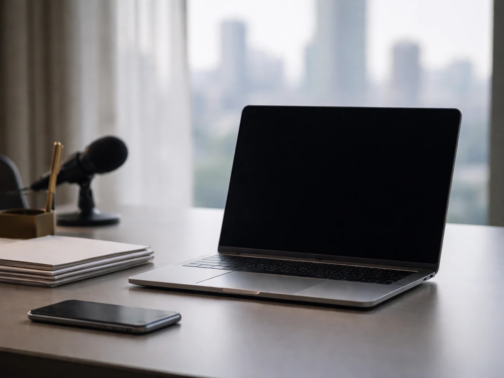 Minimal office desk with laptop, documents, and a microphone, evoking business and net-worth analysis.