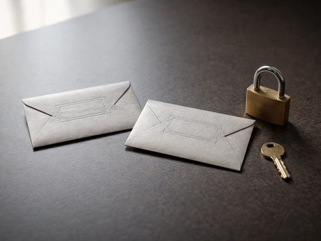 Two plain share envelopes with a key and padlock suggesting voting control advantage for one class.