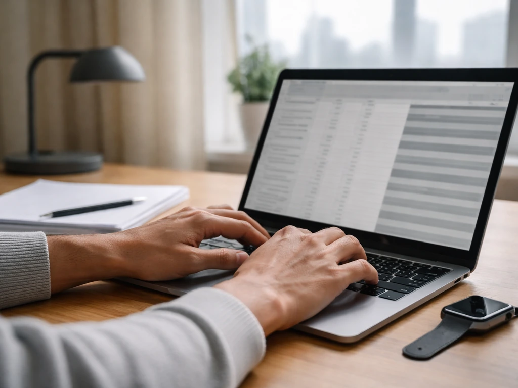 Anonymous hands working on a laptop with blank financial documents, suggesting computation from share ownership and pric