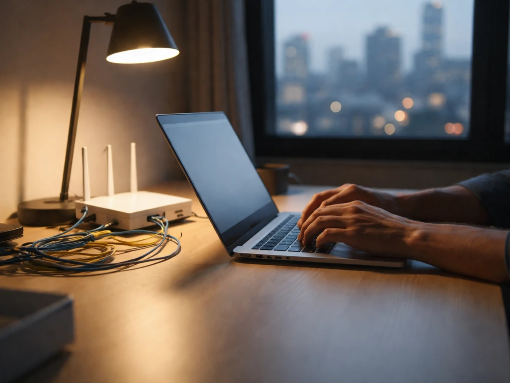 Anonymous engineer typing in a minimalist office with network gear on a desk and city skyline blur.