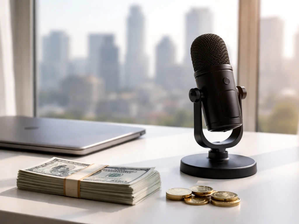 Studio desk with microphone and subtle cash/coins symbolism against a blurred city window.
