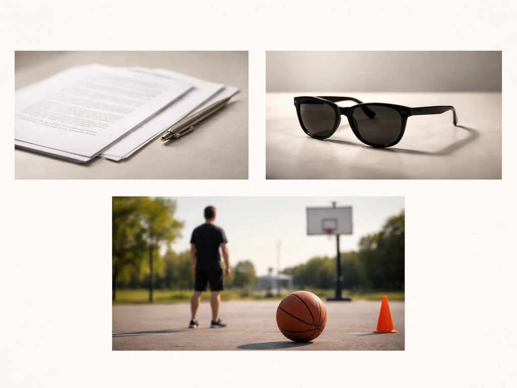 Minimal collage-style scene showing business documents, sunglasses, and a basketball training setting