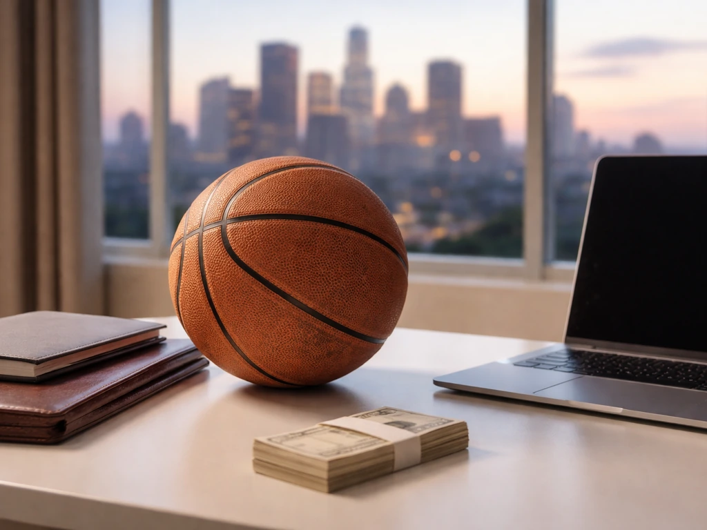 Minimal office scene with a worn basketball and a laptop showing a quiet financial-media vibe