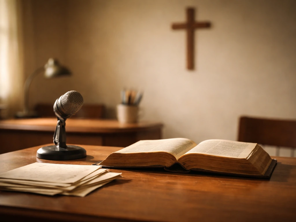 Vintage church office desk with Bible and microphone, symbolizing pastoral writing and counseling