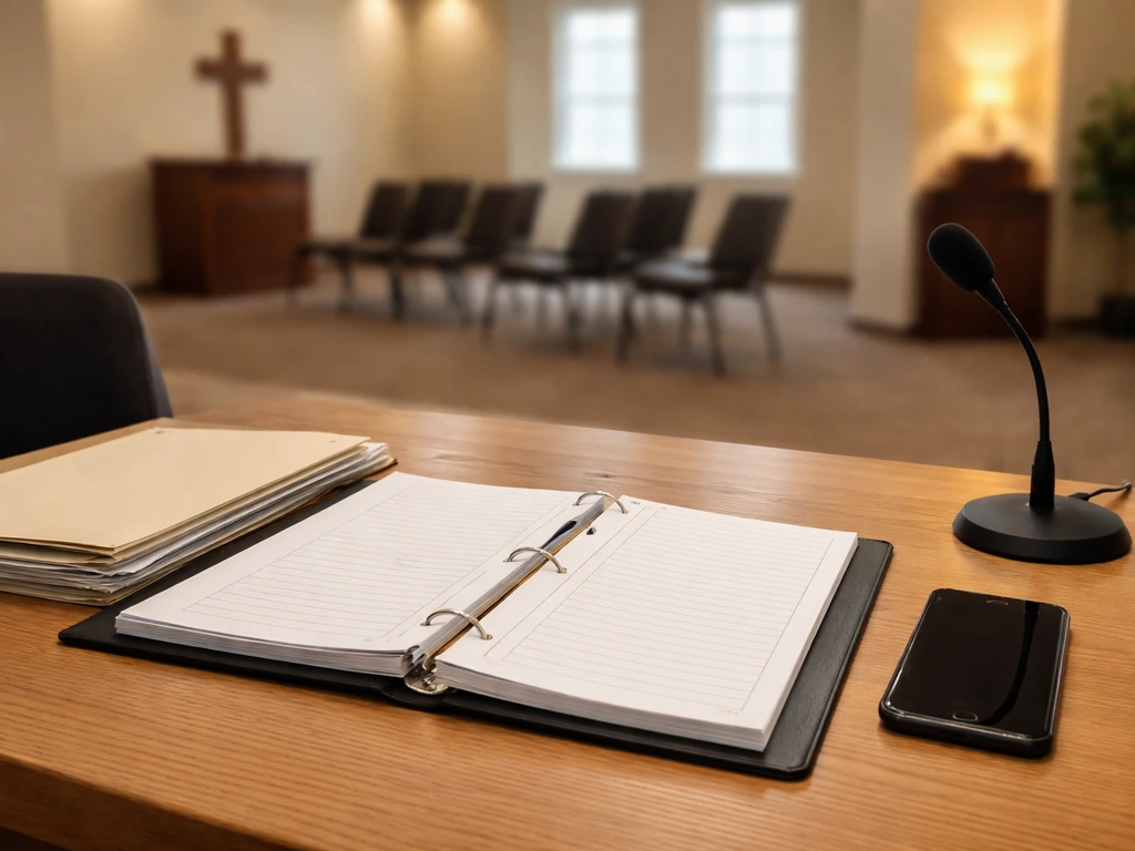 Minimal desk scene with papers, a microphone, and a quiet meeting room backdrop.